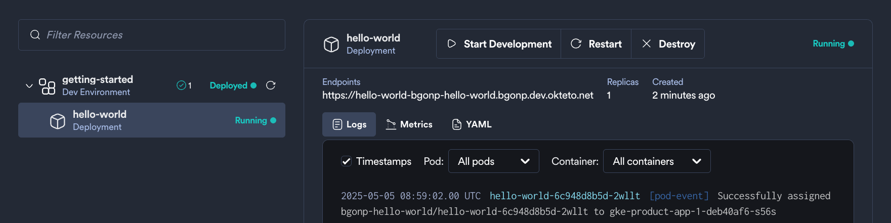 Okteto UI ASP.NET